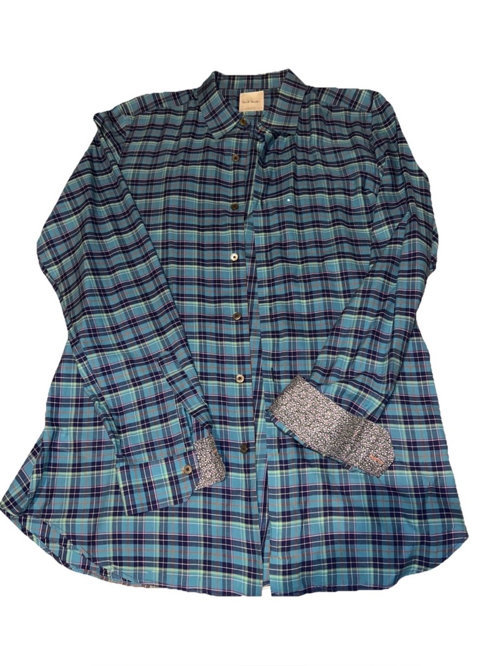 Paul Smith Men's Shirt Vivid Green Blue Orange Plaid Long Sleeve Size M Fit
